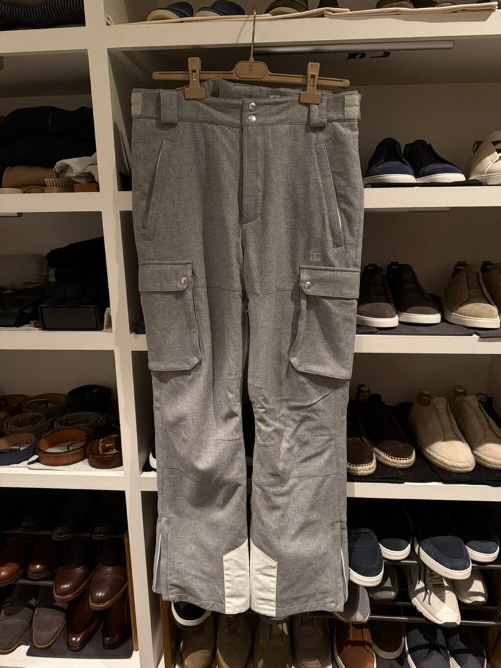 Brunello Cucinelli men's ski trousers in grey and white wool/cashmere/silk, size